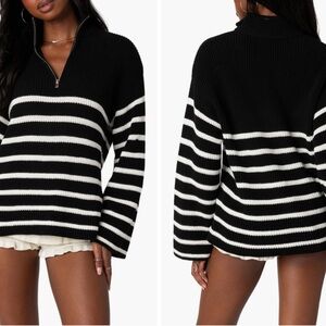 EDIKTED WOMEN BRETONS STRIPE QUARTER‎ ZIP SWEATER NAUTICAL FISHERMANCORE PREPPY